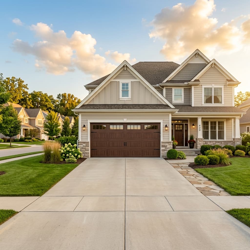 Residential garage door on a well-kept home